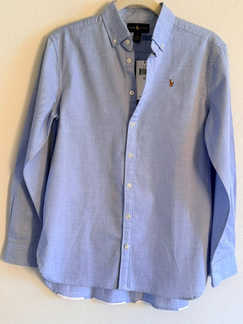 NWT Ralph Lauren Girls 14 Blue Oxford Shirt Large POLO Back Logo